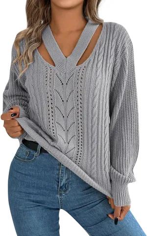 Ladies Casual Sexy V-Neck Long Sleeve Ribbed Knit Hollow Out Sweater Top, S-XL