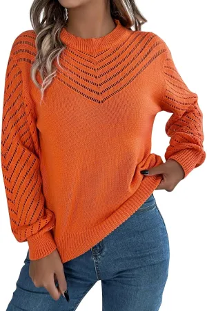 Ladies Casual Sexy V-Neck Long Sleeve Ribbed Knit Hollow Out Sweater Top, S-XL