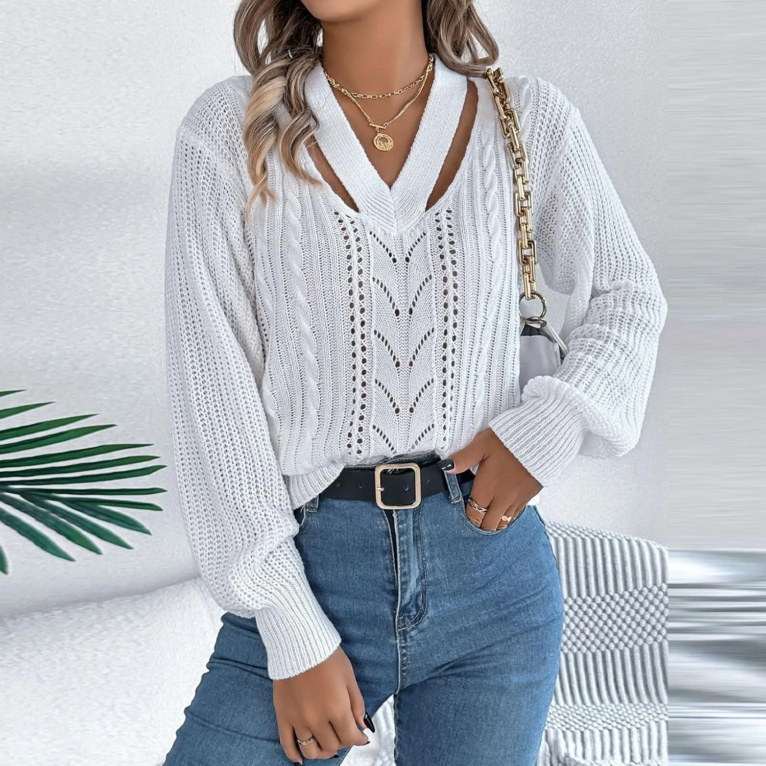 Ladies Casual Sexy V-Neck Long Sleeve Ribbed Knit Hollow Out Sweater Top, S-XL