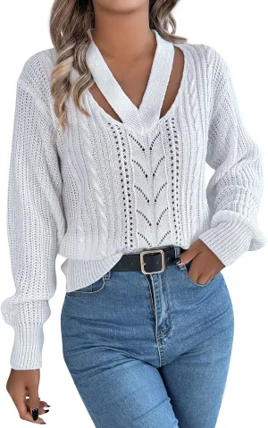 Ladies Casual Sexy V-Neck Long Sleeve Ribbed Knit Hollow Out Sweater Top, S-XL