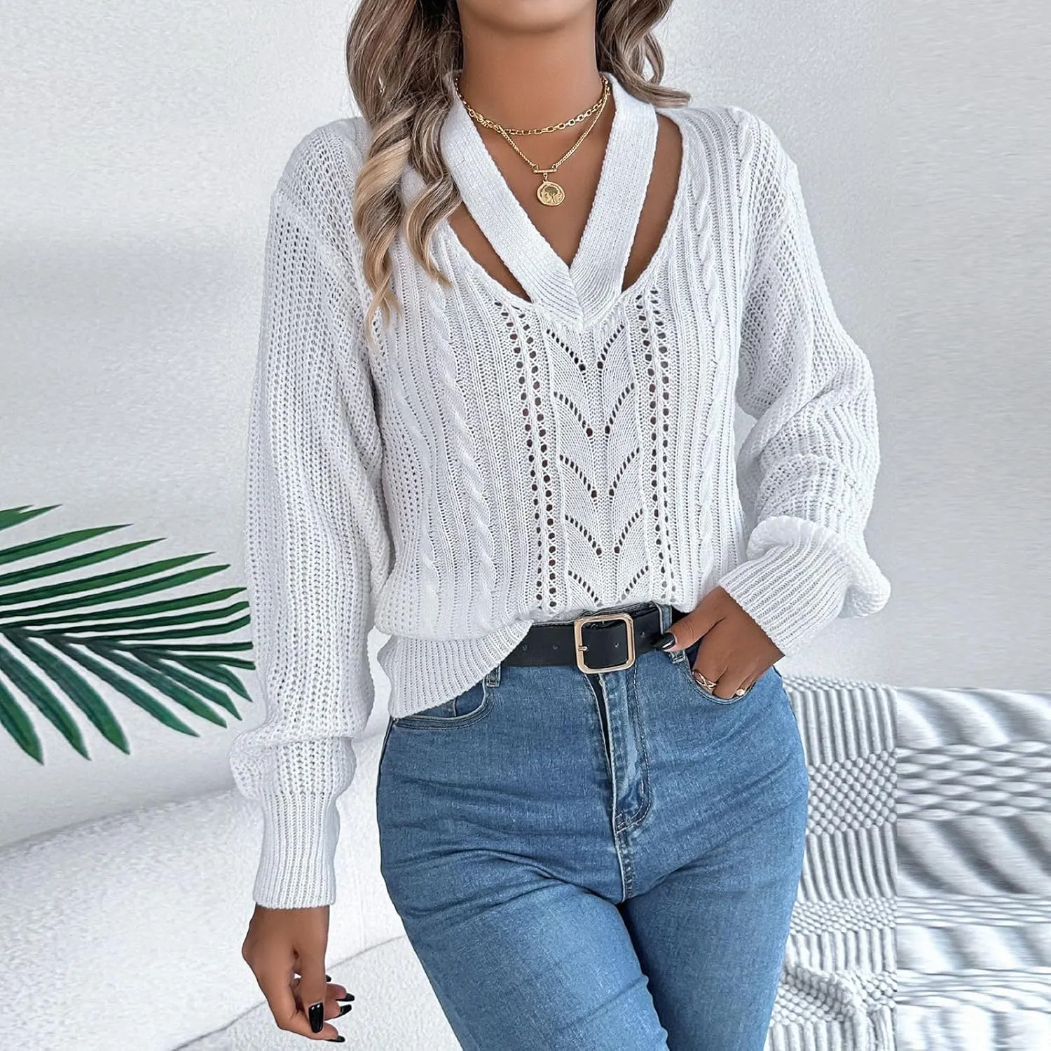 Ladies Casual Sexy V-Neck Long Sleeve Ribbed Knit Hollow Out Sweater Top, S-XL