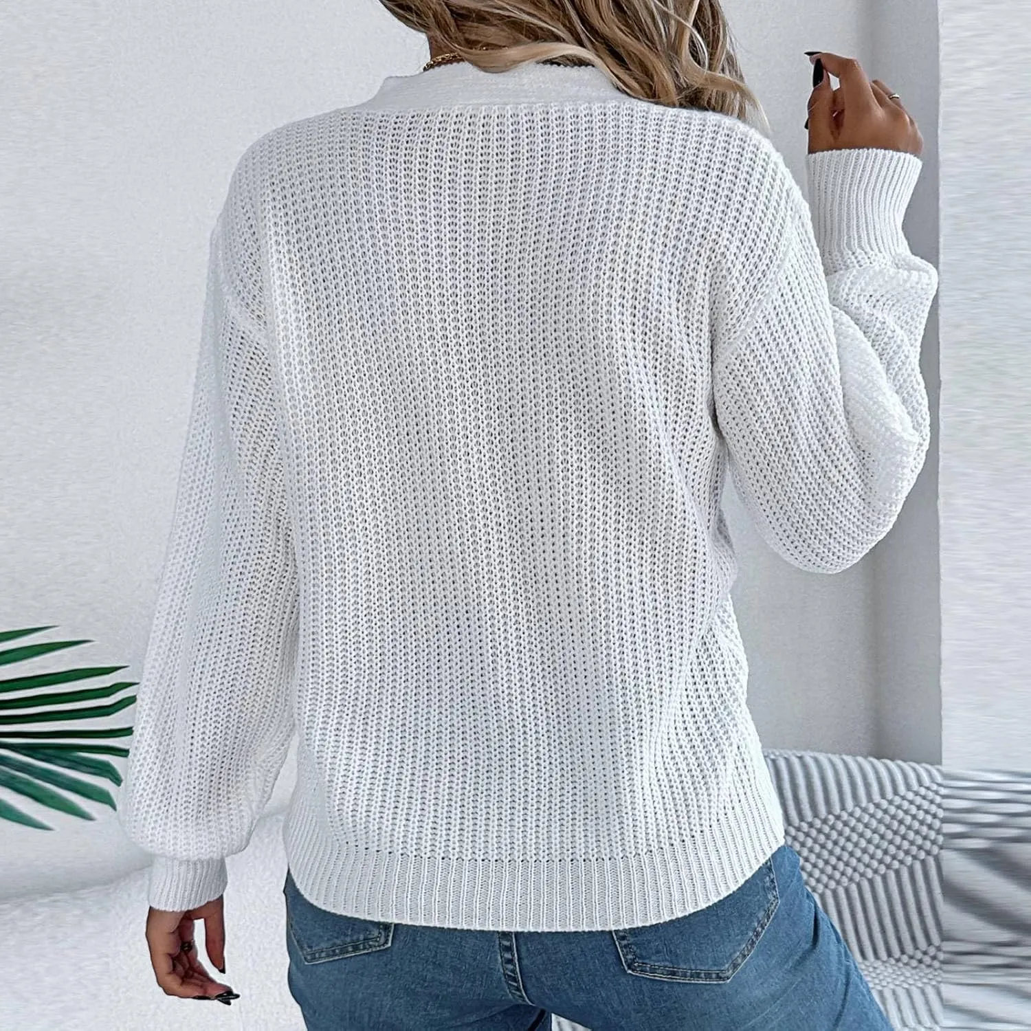 Ladies Casual Sexy V-Neck Long Sleeve Ribbed Knit Hollow Out Sweater Top, S-XL