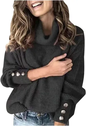 LCMTWX Oversized Sweater for Women Button Long Pullover Women Tops Turtleneck Sweater Round Neck Striped Pullover 2023 Fall