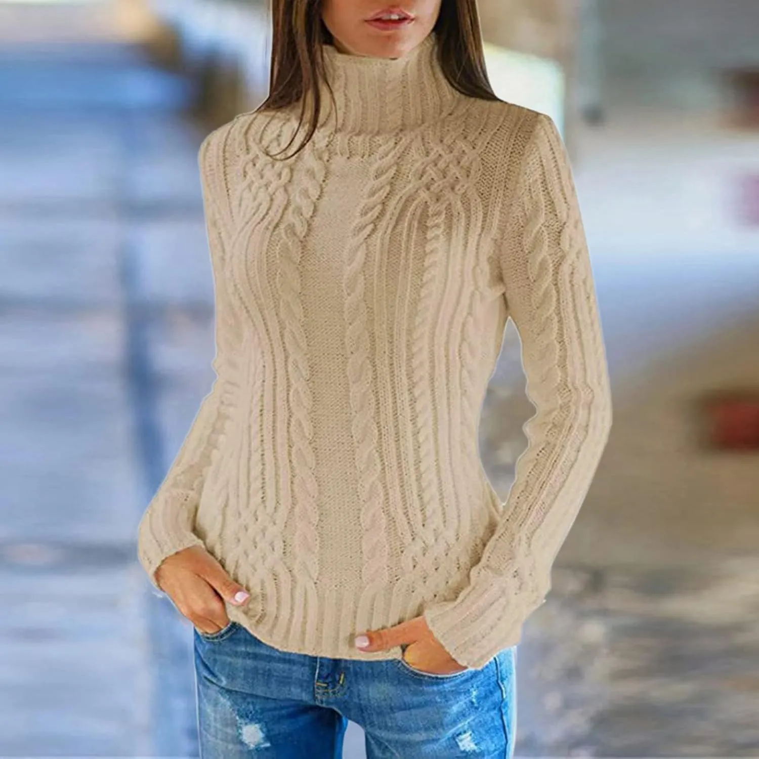 LCMTWX Oversized Sweater for Women Turtleneck Long Sleeved Knitted Sweater Round Neck Striped Women's Oversized Sweaters