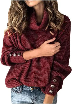 LCMTWX Women's 2023 Winter Pullover Sweater Sleeve Button Knitted Turtleneck Sweater Loose Long Sleeve Tops Shirts Womens