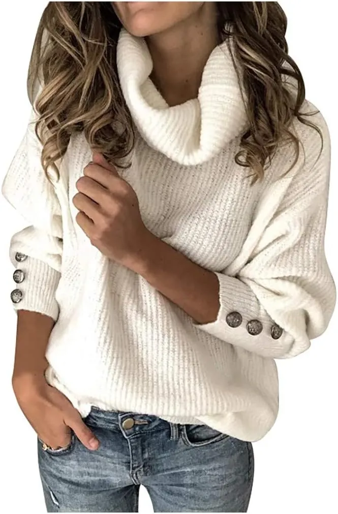 LCMTWX Women's 2023 Winter Pullover Sweater Sleeve Button Knitted Turtleneck Sweater Loose Long Sleeve Tops Shirts Womens