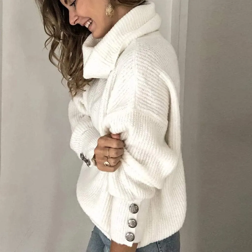 LCMTWX Women's 2023 Winter Pullover Sweater Sleeve Button Knitted Turtleneck Sweater Loose Long Sleeve Tops Shirts Womens