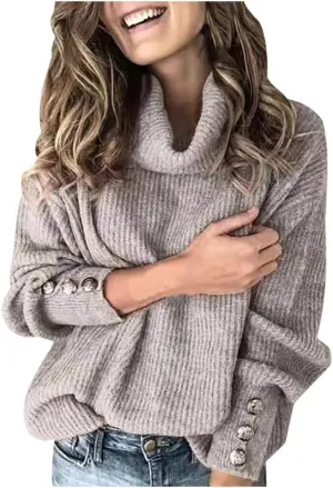 LCMTWX Women's 2023 Winter Pullover Sweater Sleeve Button Knitted Turtleneck Sweater Loose Long Sleeve Tops Shirts Womens
