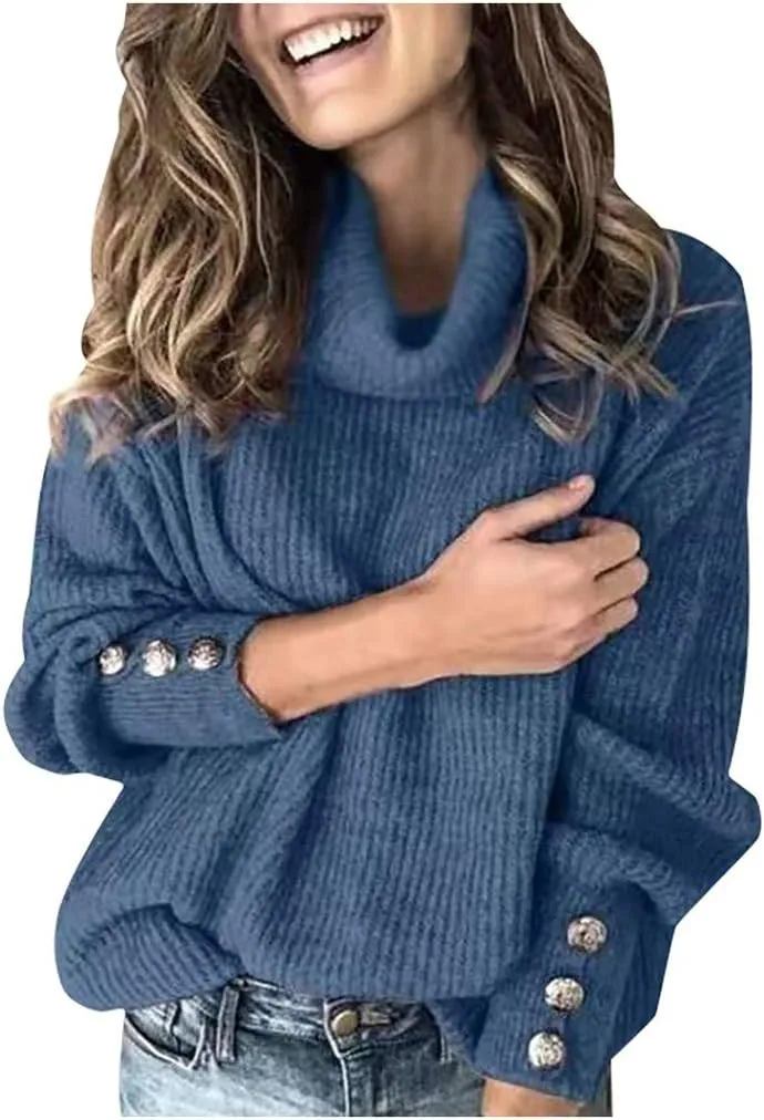 LCMTWX Women's 2023 Winter Pullover Sweater Sleeve Button Knitted Turtleneck Sweater Loose Long Sleeve Tops Shirts Womens