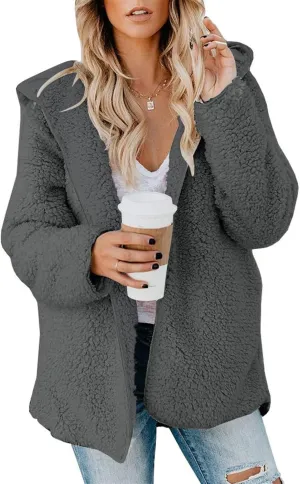 lcyhony Women's Teddy Jacket Trendy Fuzzy Open Front Hooded Cardigan Winter Warm Comfy Wool Coats with Pockets Y2k Clothes
