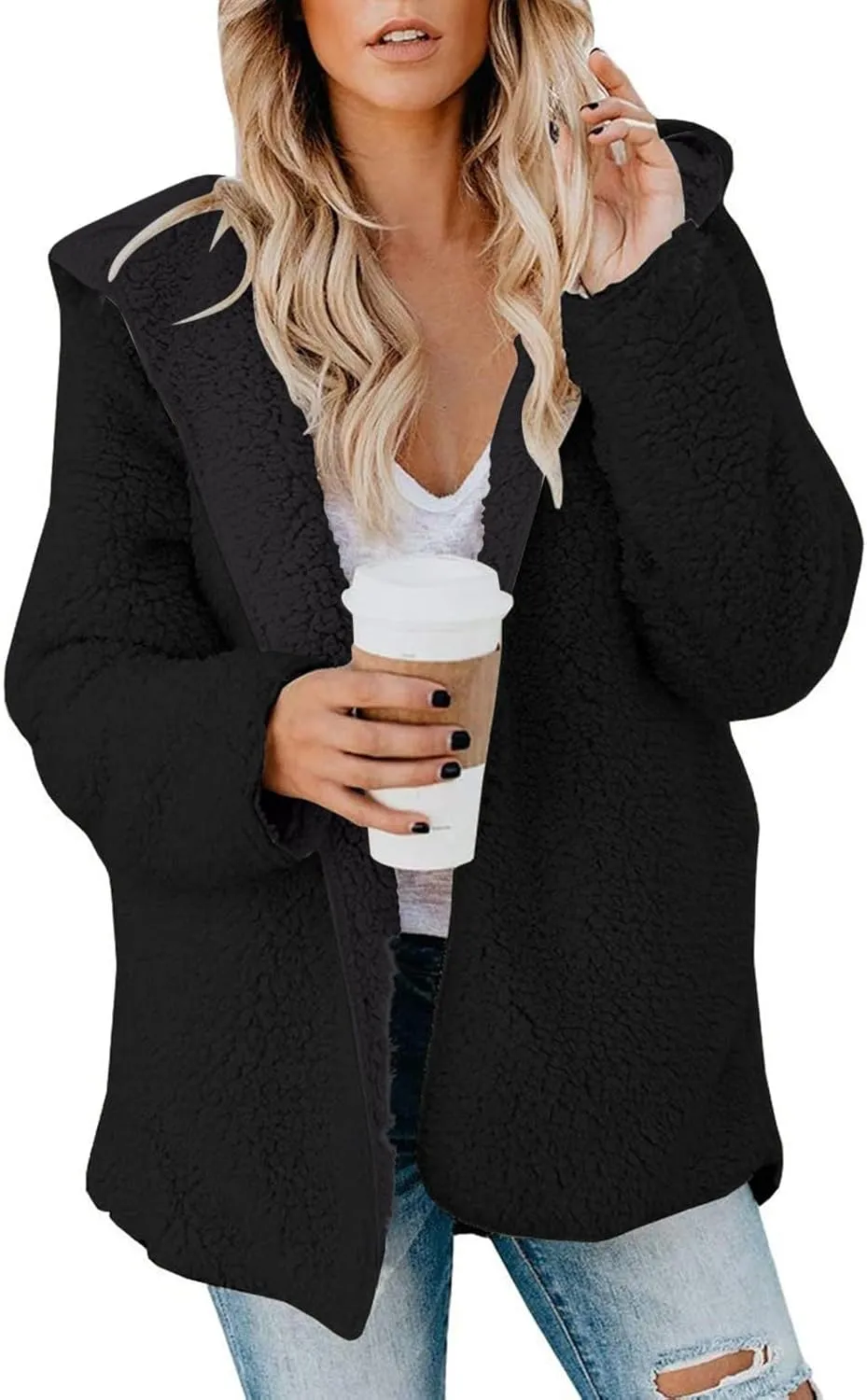 lcyhony Women's Teddy Jacket Trendy Fuzzy Open Front Hooded Cardigan Winter Warm Comfy Wool Coats with Pockets Y2k Clothes