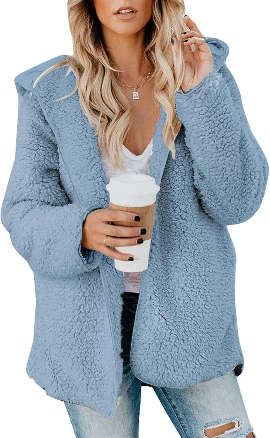 lcyhony Women's Teddy Jacket Trendy Fuzzy Open Front Hooded Cardigan Winter Warm Comfy Wool Coats with Pockets Y2k Clothes