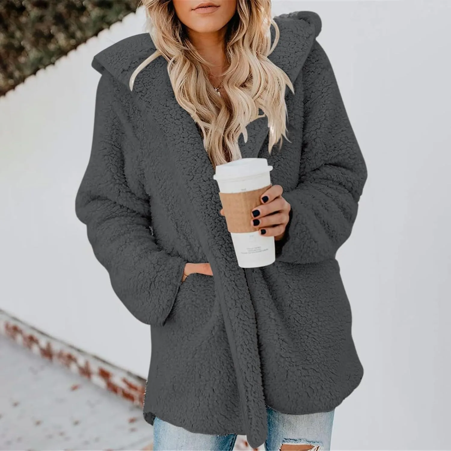 lcyhony Women's Teddy Jacket Trendy Fuzzy Open Front Hooded Cardigan Winter Warm Comfy Wool Coats with Pockets Y2k Clothes