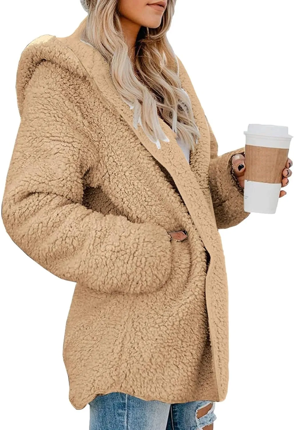 lcyhony Women's Teddy Jacket Trendy Fuzzy Open Front Hooded Cardigan Winter Warm Comfy Wool Coats with Pockets Y2k Clothes