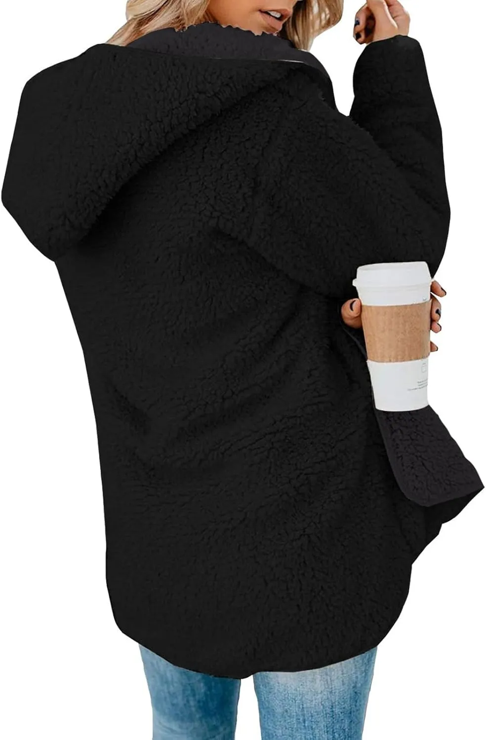 lcyhony Women's Teddy Jacket Trendy Fuzzy Open Front Hooded Cardigan Winter Warm Comfy Wool Coats with Pockets Y2k Clothes