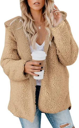 lcyhony Women's Teddy Jacket Trendy Fuzzy Open Front Hooded Cardigan Winter Warm Comfy Wool Coats with Pockets Y2k Clothes