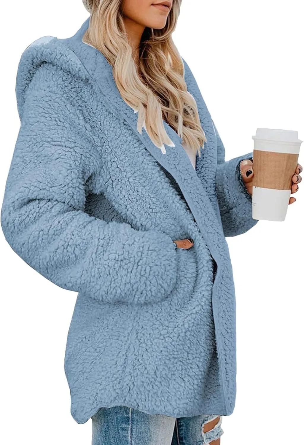 lcyhony Women's Teddy Jacket Trendy Fuzzy Open Front Hooded Cardigan Winter Warm Comfy Wool Coats with Pockets Y2k Clothes