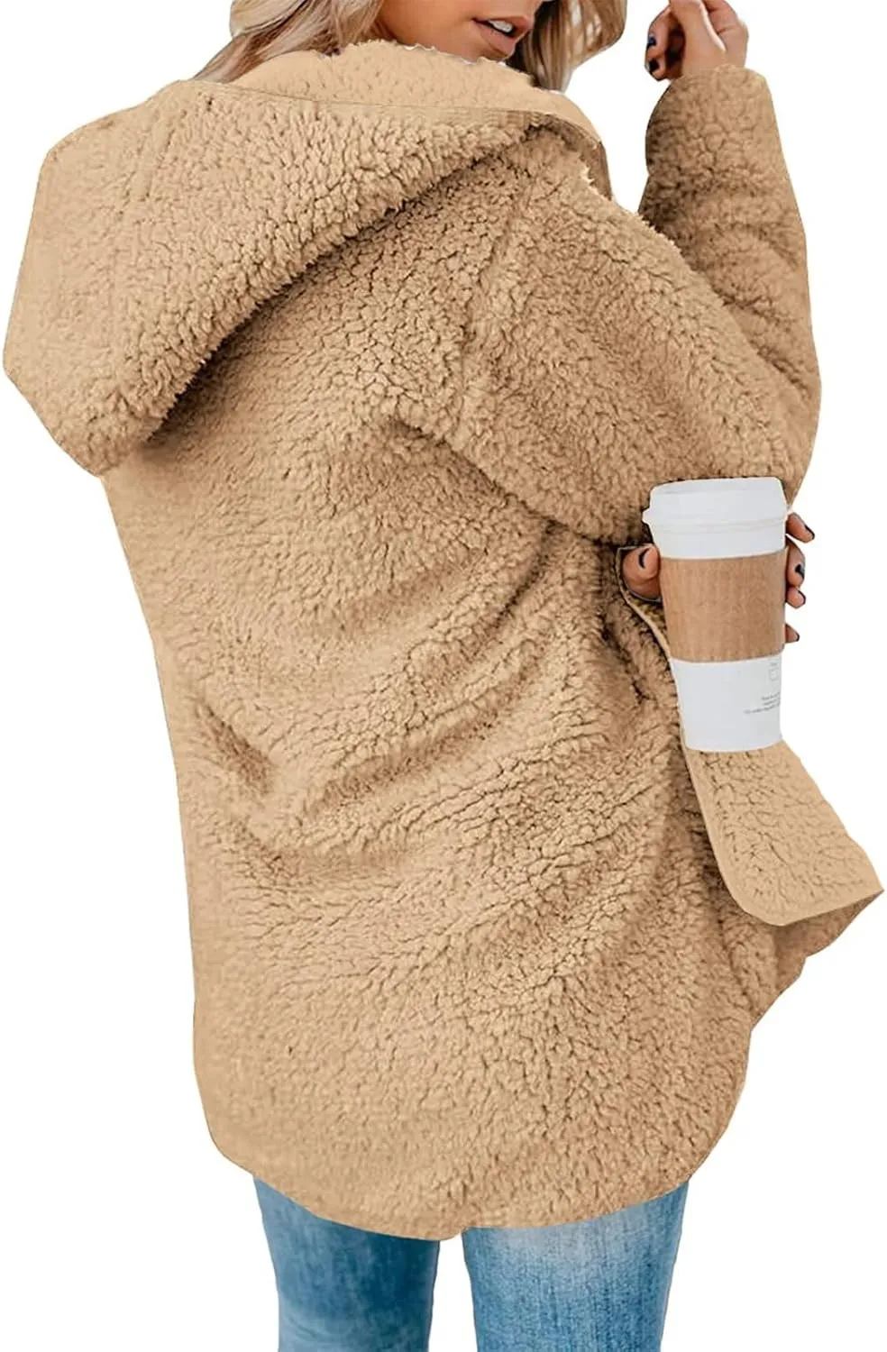 lcyhony Women's Teddy Jacket Trendy Fuzzy Open Front Hooded Cardigan Winter Warm Comfy Wool Coats with Pockets Y2k Clothes