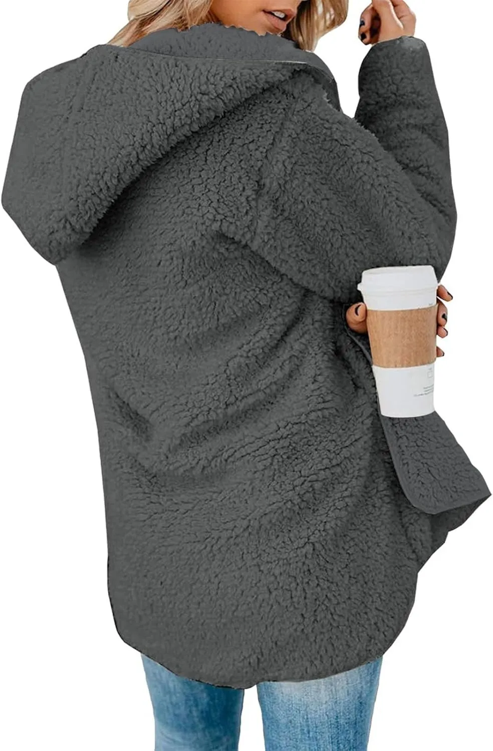 lcyhony Women's Teddy Jacket Trendy Fuzzy Open Front Hooded Cardigan Winter Warm Comfy Wool Coats with Pockets Y2k Clothes