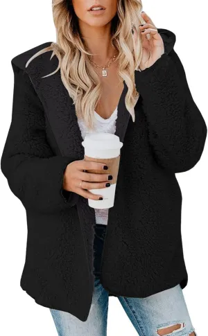 lcyhony Women's Teddy Jacket Trendy Fuzzy Open Front Hooded Cardigan Winter Warm Comfy Wool Coats with Pockets Y2k Clothes