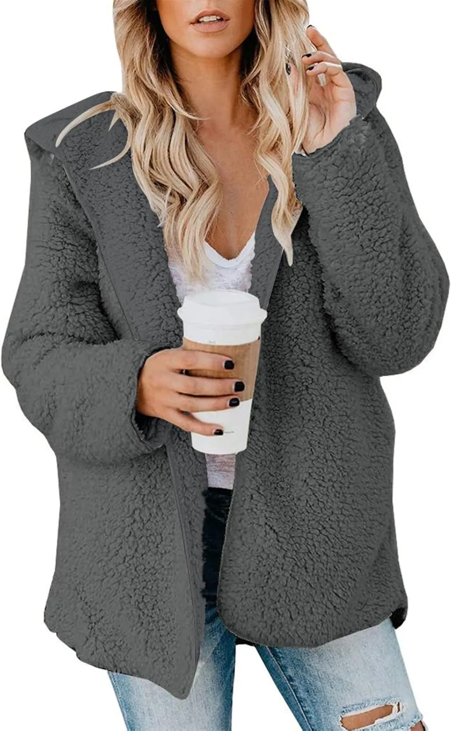 lcyhony Women's Teddy Jacket Trendy Fuzzy Open Front Hooded Cardigan Winter Warm Comfy Wool Coats with Pockets Y2k Clothes