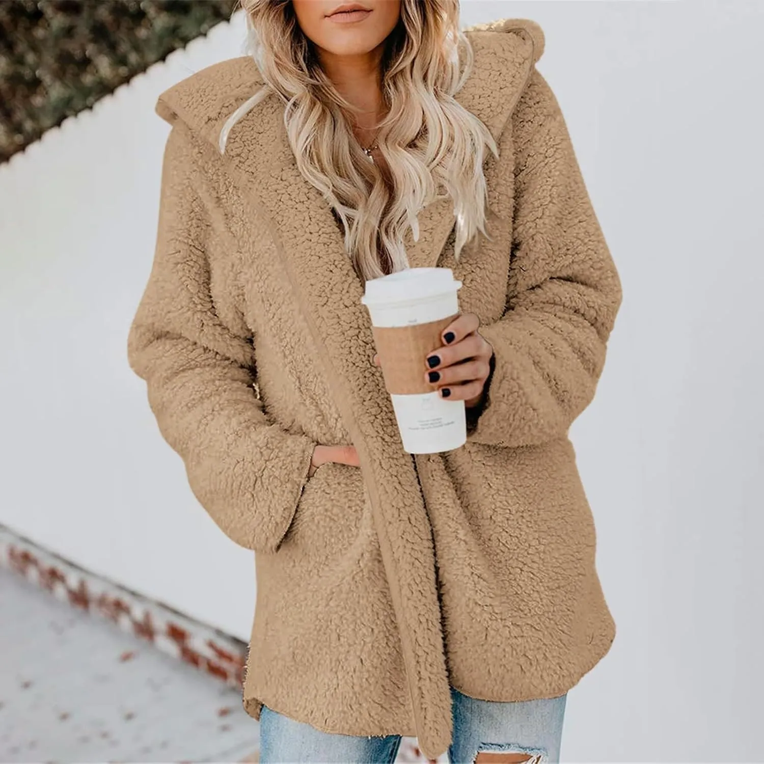 lcyhony Women's Teddy Jacket Trendy Fuzzy Open Front Hooded Cardigan Winter Warm Comfy Wool Coats with Pockets Y2k Clothes