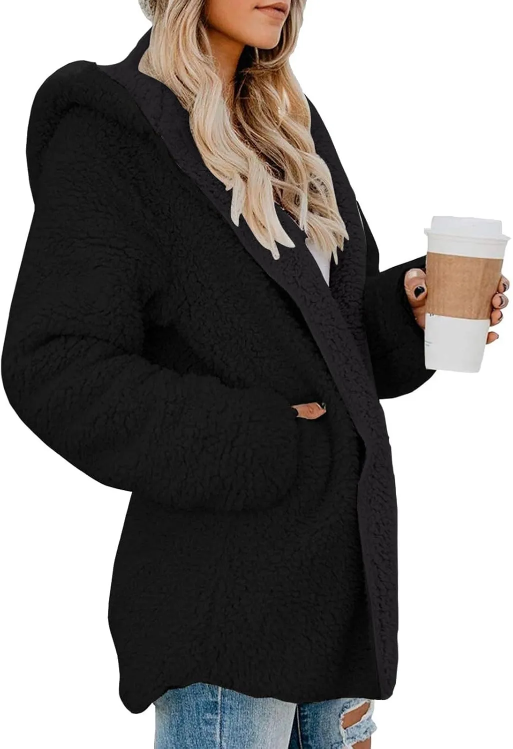 lcyhony Women's Teddy Jacket Trendy Fuzzy Open Front Hooded Cardigan Winter Warm Comfy Wool Coats with Pockets Y2k Clothes