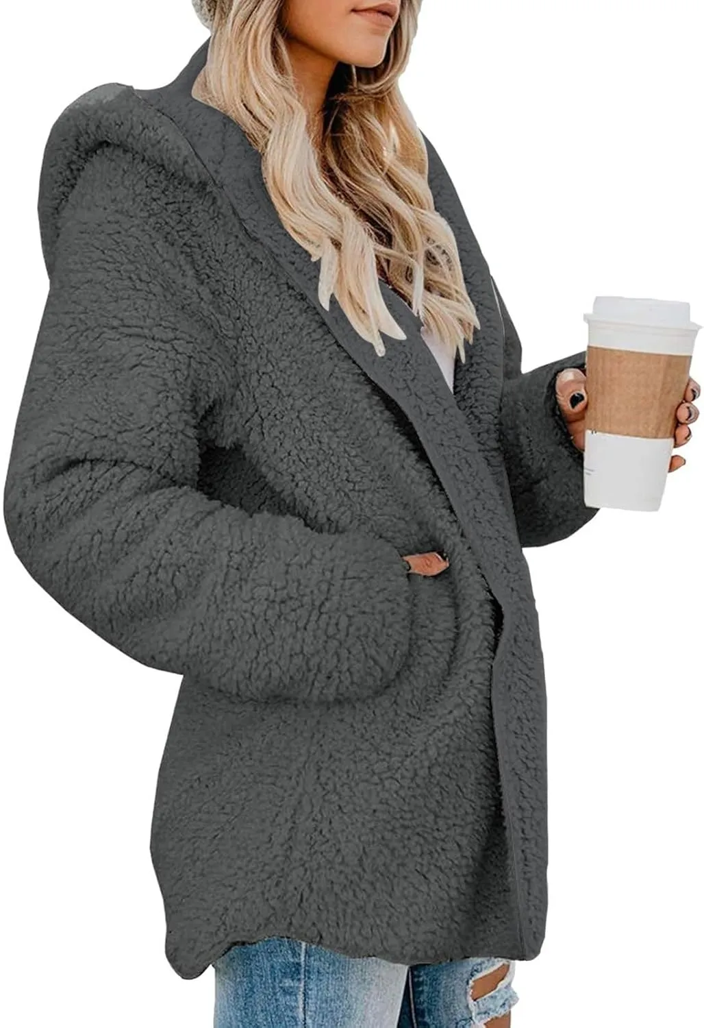 lcyhony Women's Teddy Jacket Trendy Fuzzy Open Front Hooded Cardigan Winter Warm Comfy Wool Coats with Pockets Y2k Clothes