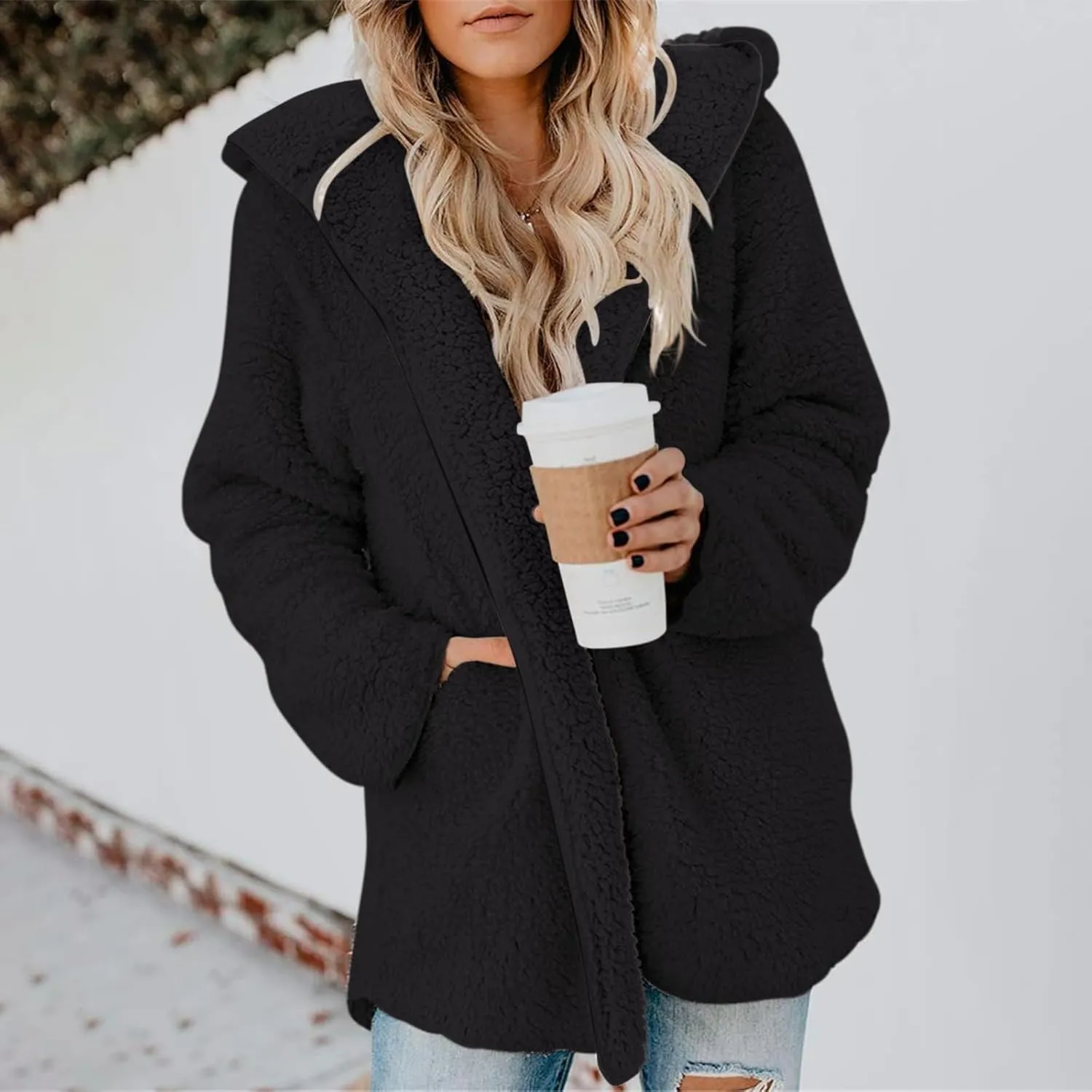 lcyhony Women's Teddy Jacket Trendy Fuzzy Open Front Hooded Cardigan Winter Warm Comfy Wool Coats with Pockets Y2k Clothes
