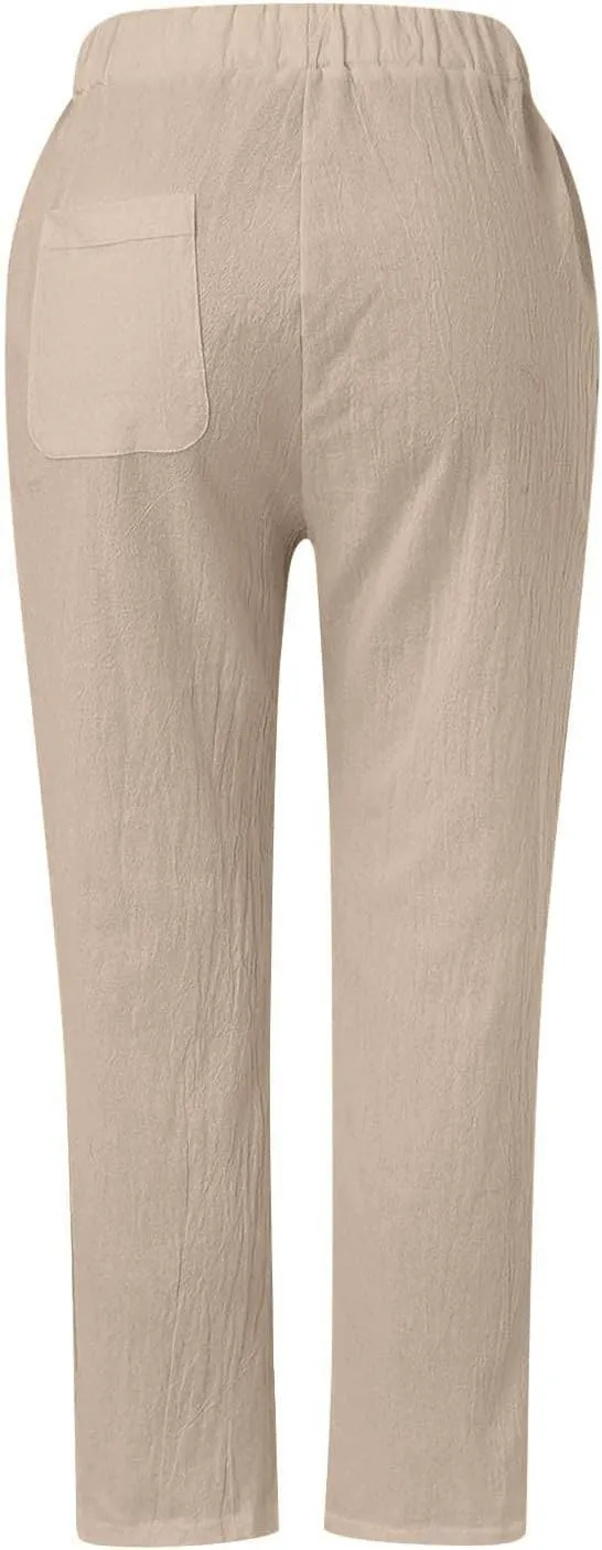 Linen Capris for Women Elastic Waist Drawstring Side Button Trendy Straight Leg Baggy Pants with Pocket