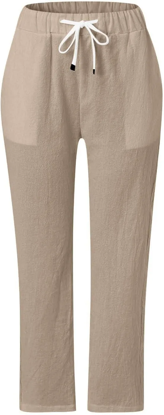 Linen Capris for Women Elastic Waist Drawstring Side Button Trendy Straight Leg Baggy Pants with Pocket