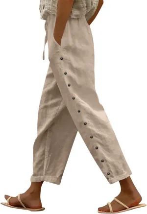Linen Capris for Women Elastic Waist Drawstring Side Button Trendy Straight Leg Baggy Pants with Pocket