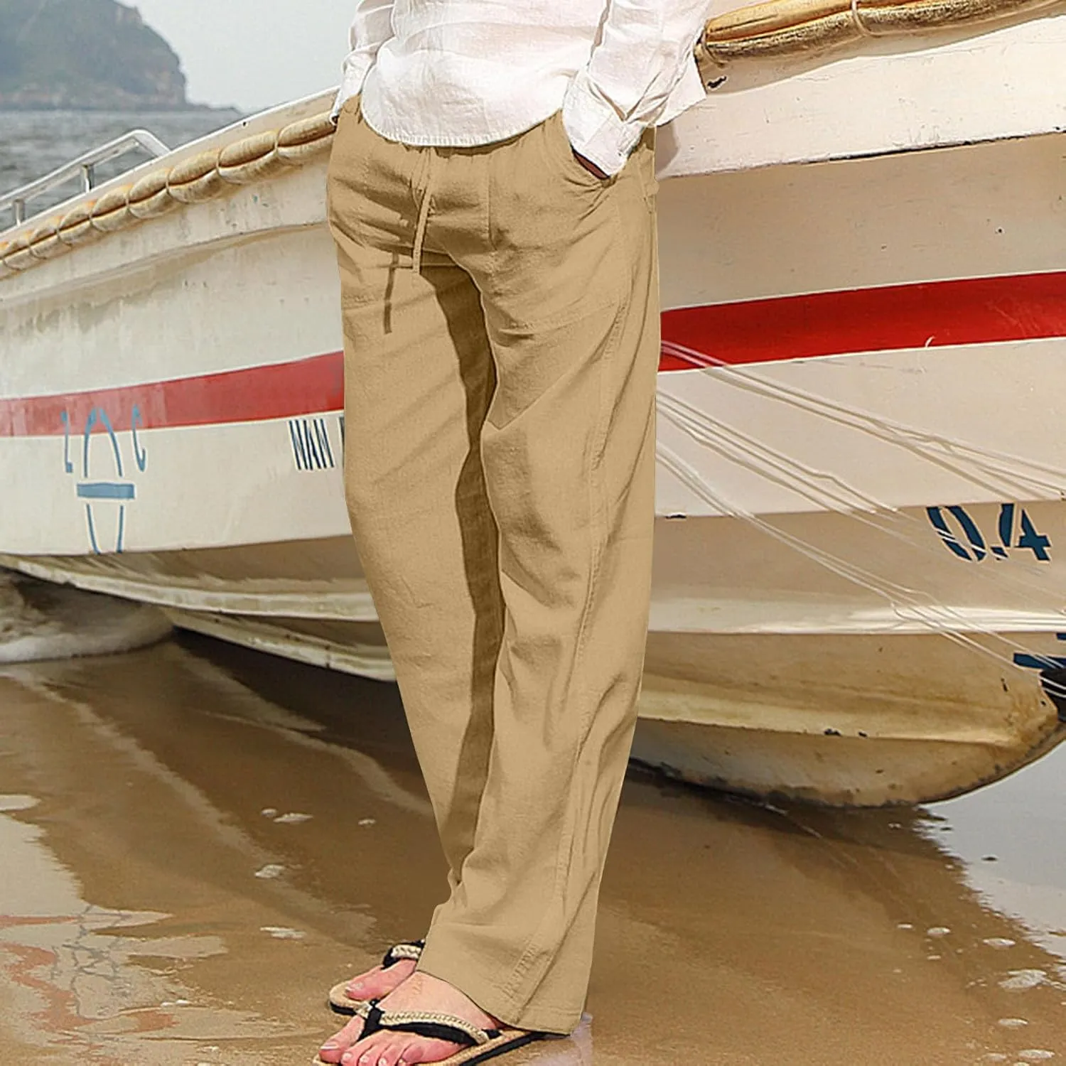 Linen Drawstring Pants Mens Elastic Waist Lightweight Trousers Casual Loose Straight Leg Yoga Fall Soft Beach Pants