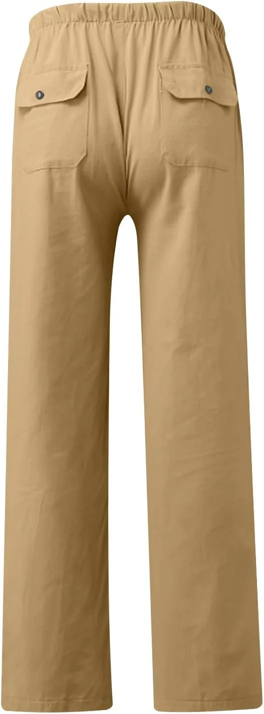 Linen Drawstring Pants Mens Elastic Waist Lightweight Trousers Casual Loose Straight Leg Yoga Fall Soft Beach Pants