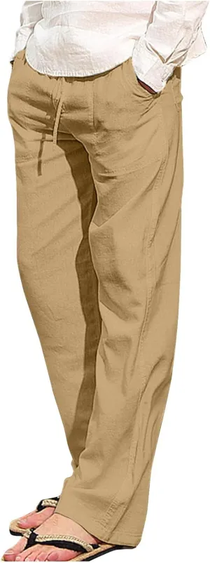 Linen Drawstring Pants Mens Elastic Waist Lightweight Trousers Casual Loose Straight Leg Yoga Fall Soft Beach Pants