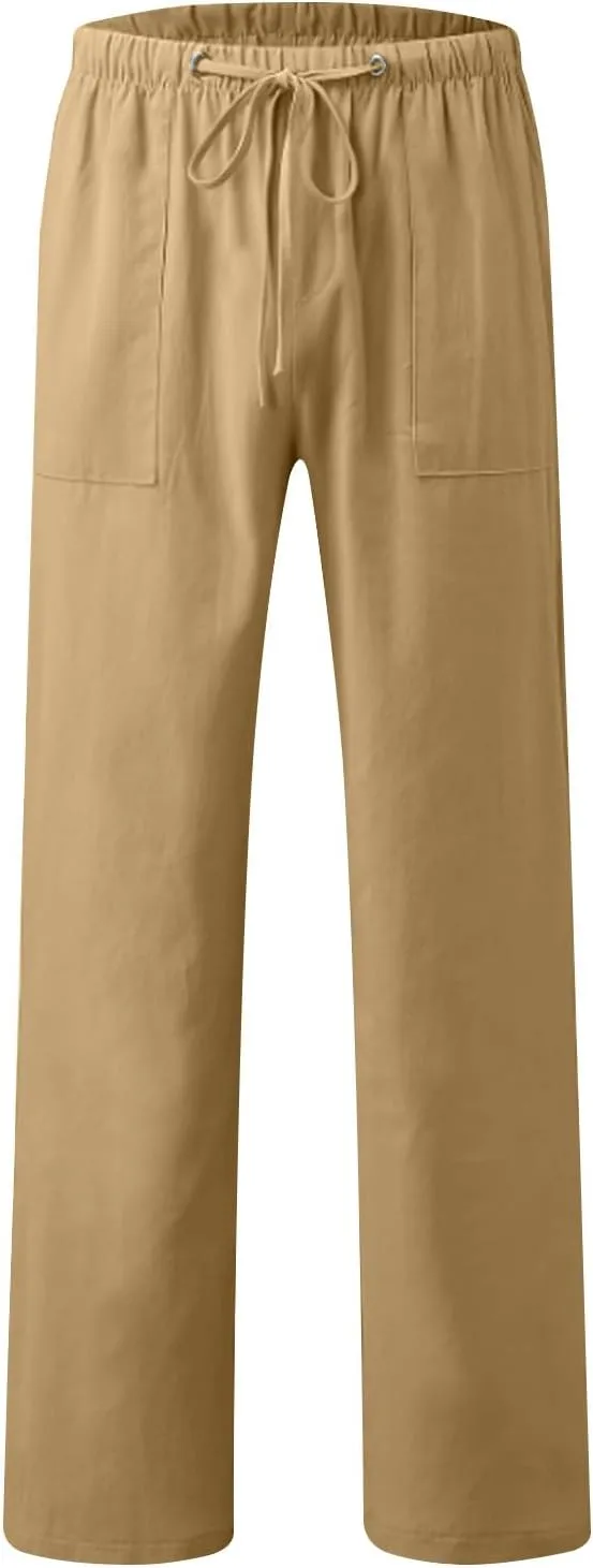 Linen Drawstring Pants Mens Elastic Waist Lightweight Trousers Casual Loose Straight Leg Yoga Fall Soft Beach Pants