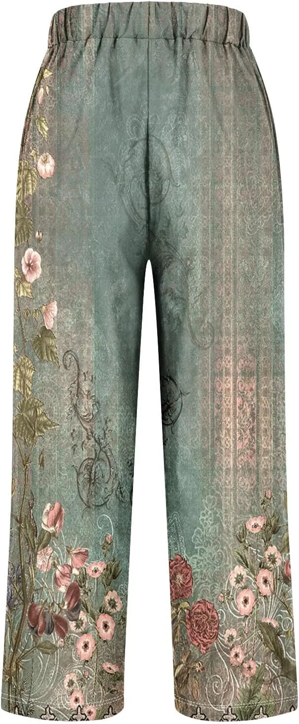 Linen Pants for Women Vintage Floral Printed Casual Summer High Waisted Lightweight Wide Leg Lounge Beach Trousers