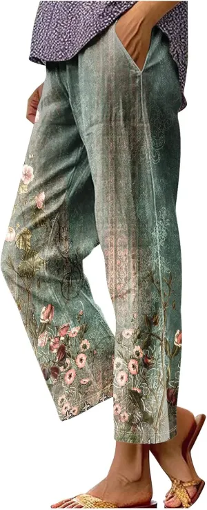 Linen Pants for Women Vintage Floral Printed Casual Summer High Waisted Lightweight Wide Leg Lounge Beach Trousers