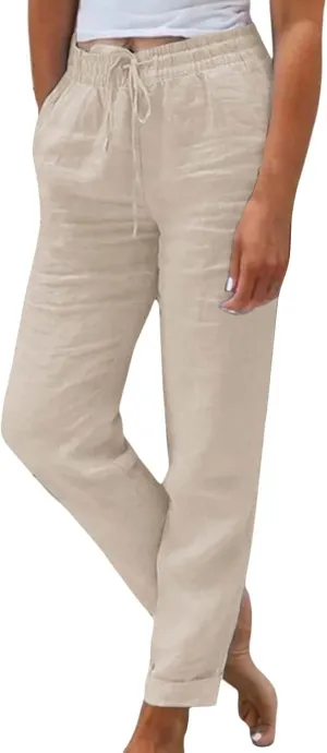 Linen Pants Women Drawstring Waist Elastic Cuffed Everyday Week Pants Lightweight Casual Summer Beach Yoga Trousers