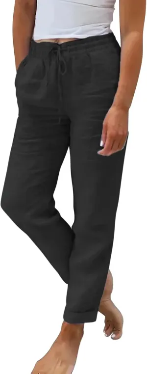 Linen Pants Women Drawstring Waist Elastic Cuffed Everyday Week Pants Lightweight Casual Summer Beach Yoga Trousers