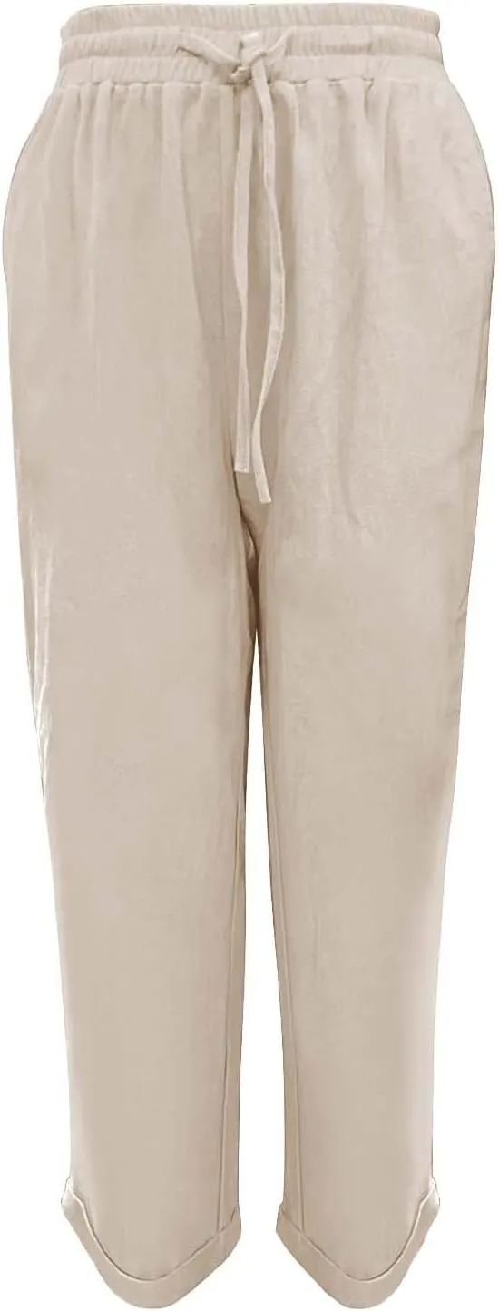 Linen Pants Women Drawstring Waist Elastic Cuffed Everyday Week Pants Lightweight Casual Summer Beach Yoga Trousers
