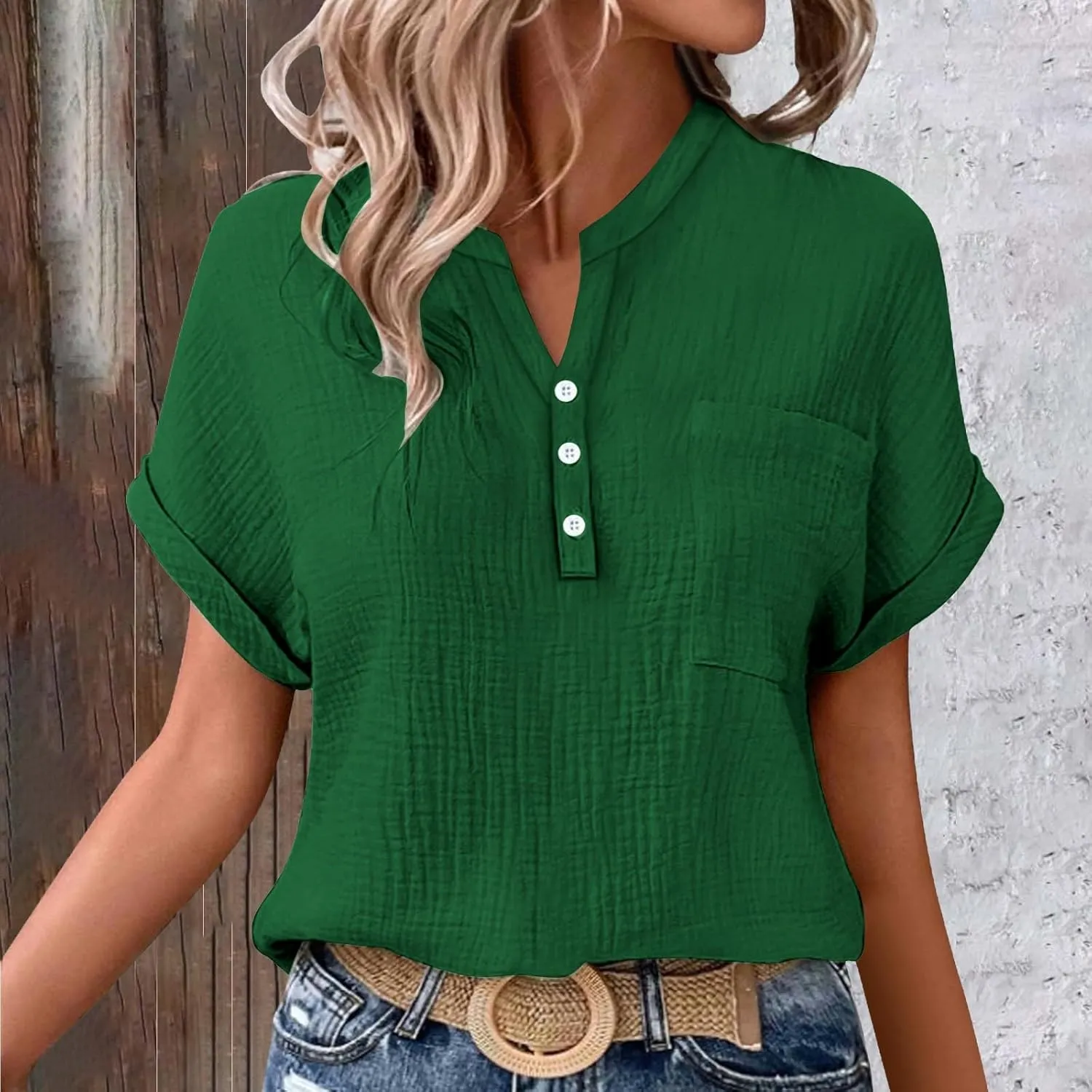 Linen Shirts for Women Cotton Linen Tops Rolled Cuffed Short Sleeve Blouse Ladies Summer Casual V Neck Beach Tops