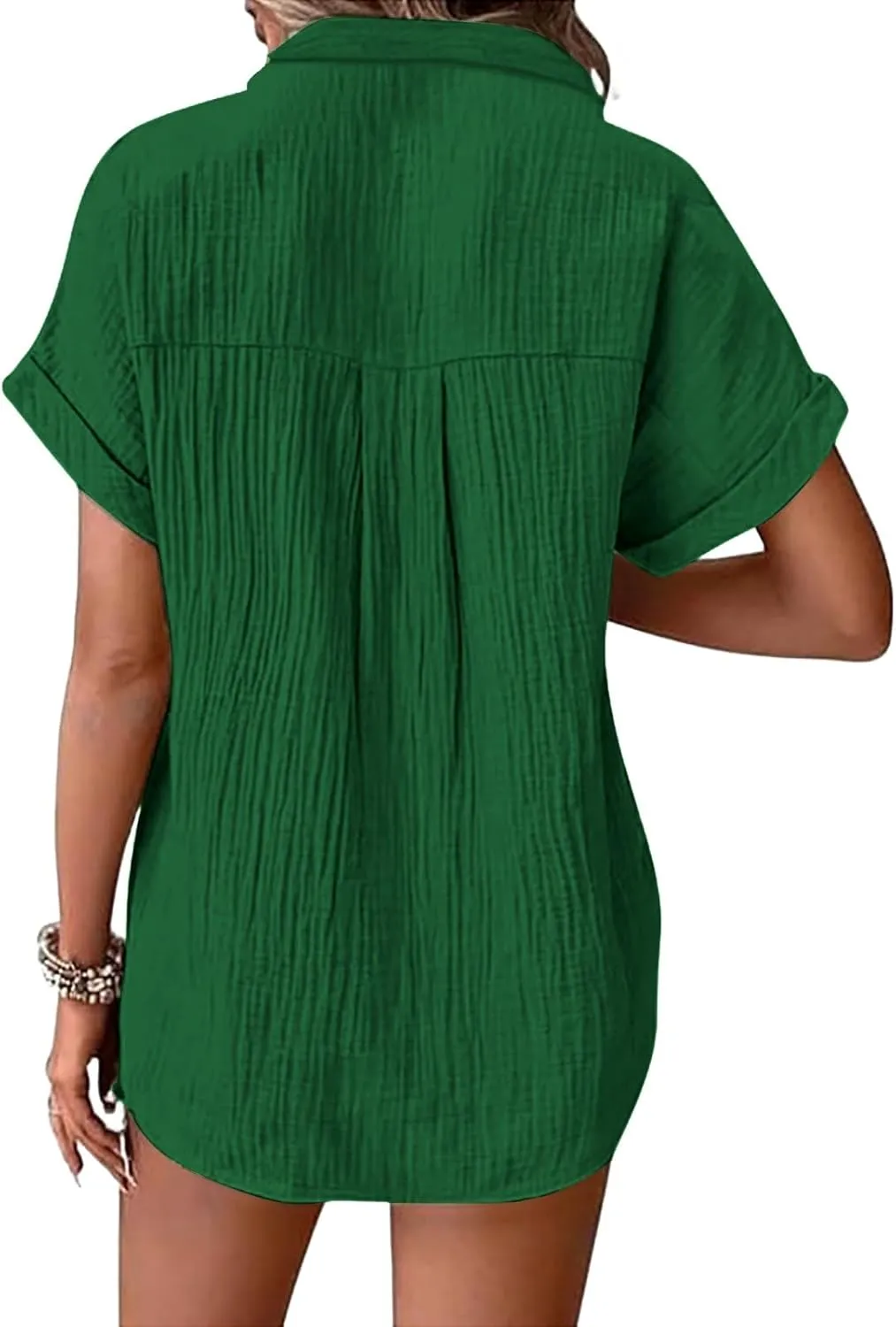 Linen Shirts for Women Cotton Linen Tops Rolled Cuffed Short Sleeve Blouse Ladies Summer Casual V Neck Beach Tops