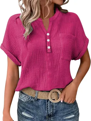 Linen Shirts for Women Cotton Linen Tops Rolled Cuffed Short Sleeve Blouse Ladies Summer Casual V Neck Beach Tops