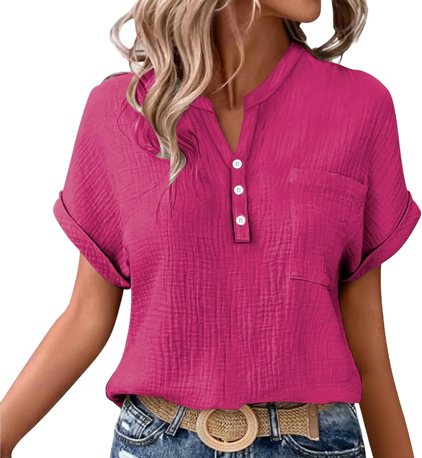 Linen Shirts for Women Cotton Linen Tops Rolled Cuffed Short Sleeve Blouse Ladies Summer Casual V Neck Beach Tops