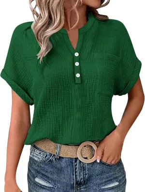 Linen Shirts for Women Cotton Linen Tops Rolled Cuffed Short Sleeve Blouse Ladies Summer Casual V Neck Beach Tops