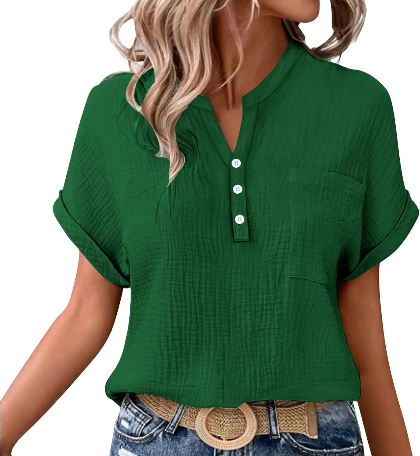 Linen Shirts for Women Cotton Linen Tops Rolled Cuffed Short Sleeve Blouse Ladies Summer Casual V Neck Beach Tops