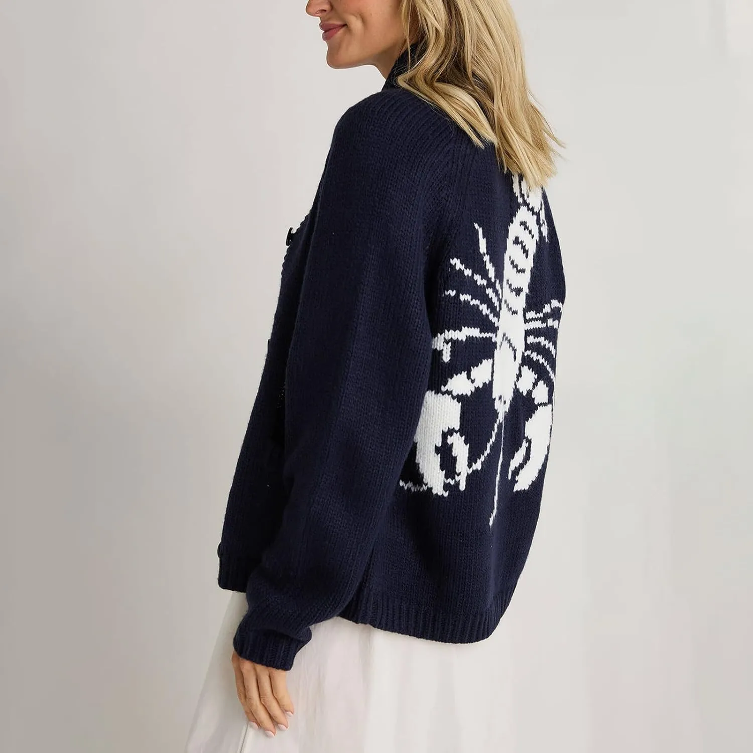 Lobster Cardigan Sweater for Women Chunky Button Down Sweater Coat Y2k Oversized Lobster Print Cardigans