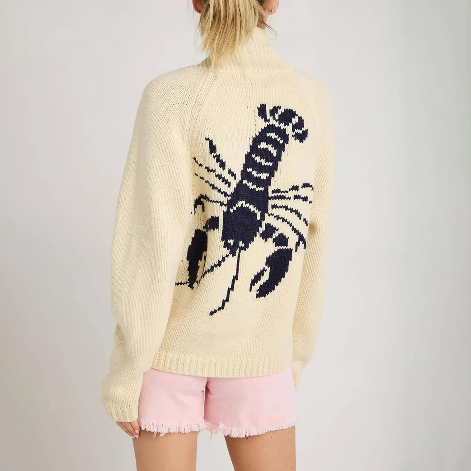 Lobster Cardigan Sweater for Women Chunky Button Down Sweater Coat Y2k Oversized Lobster Print Cardigans