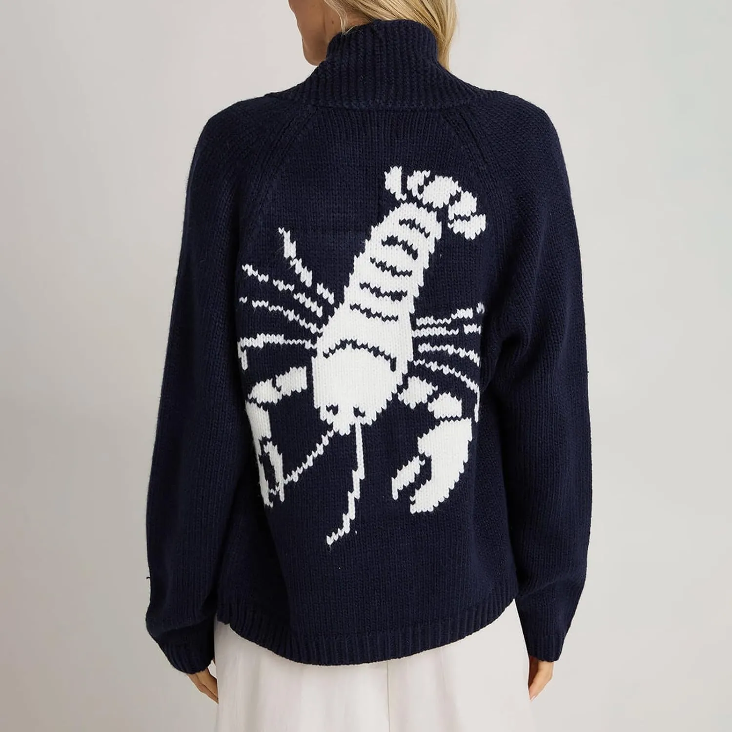 Lobster Cardigan Sweater for Women Chunky Button Down Sweater Coat Y2k Oversized Lobster Print Cardigans